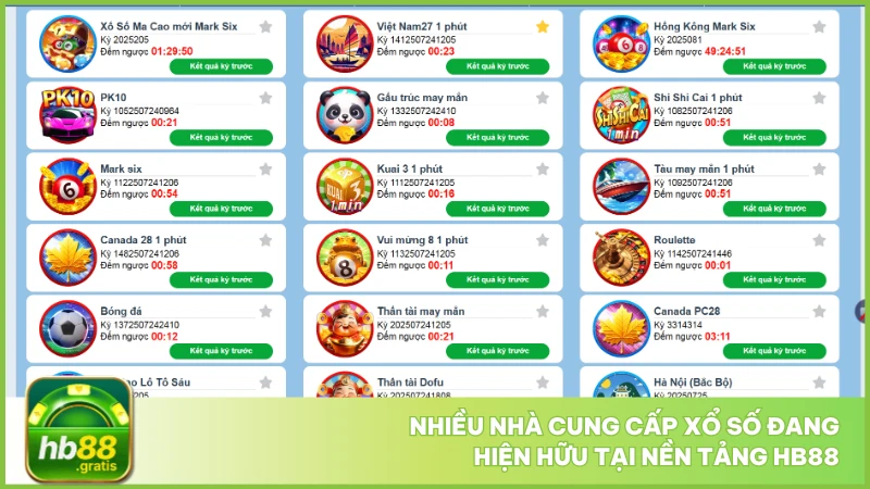 Nhiều nhà cung cấp xổ số đang hiện hữu tại nền tảng hb88